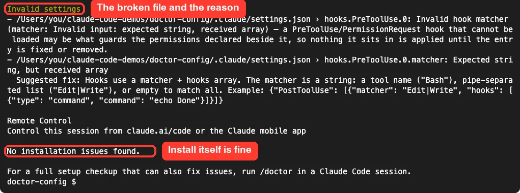 claude doctor Invalid settings section naming the settings.json file and the hook matcher error with a suggested fix