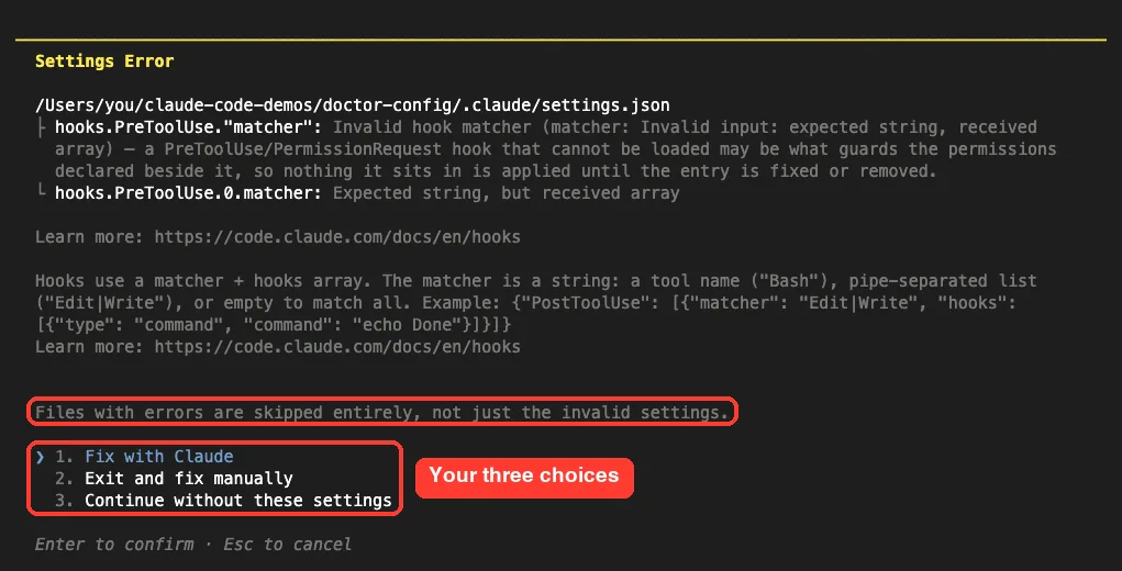 Claude Code Settings Error screen with options Fix with Claude, Exit and fix manually, Continue without these settings