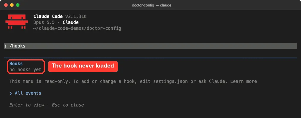 The /hooks menu in Claude Code showing no hooks yet