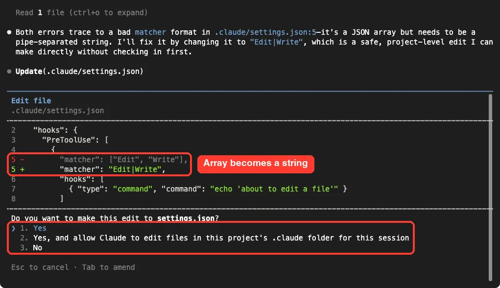 Claude Code proposing an edit to settings.json that changes the matcher array to the string Edit|Write, with an approval prompt