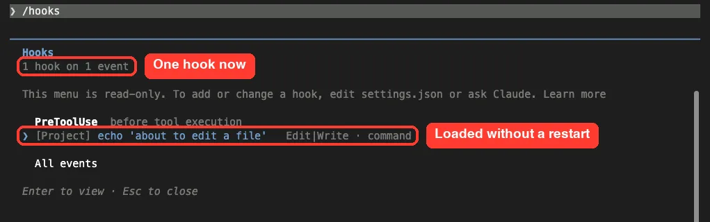 The /hooks menu now showing one PreToolUse project hook with the Edit|Write matcher