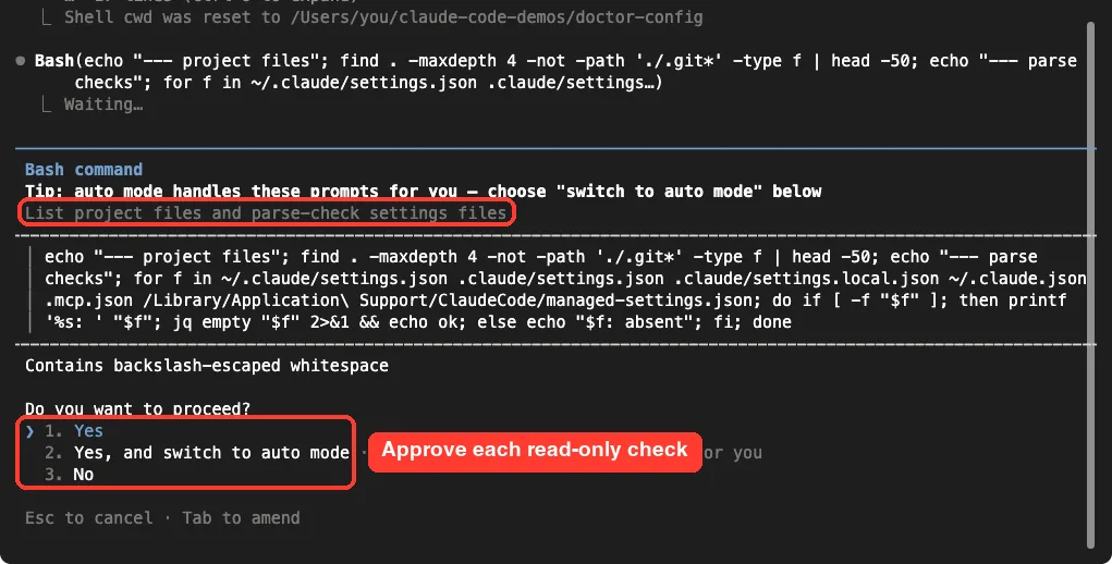Claude Code /doctor running a read-only Bash check that lists project files and parse-checks settings files, asking for approval