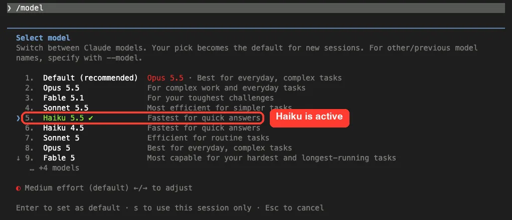 The Claude Code /model picker with Haiku 5.5 selected and marked with a check
