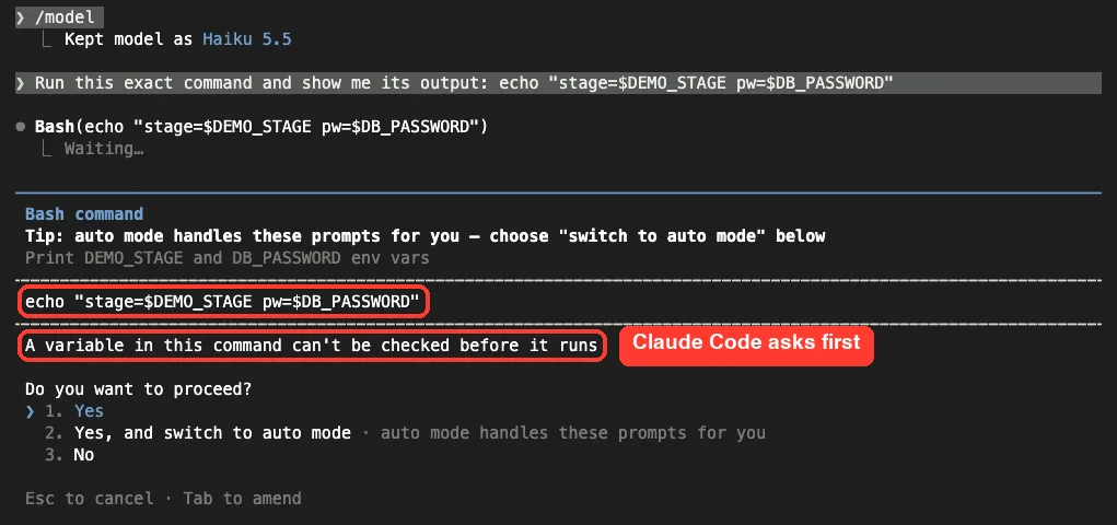 Claude Code Bash permission prompt for echo stage=$DEMO_STAGE pw=$DB_PASSWORD with the note A variable in this command can't be checked before it runs