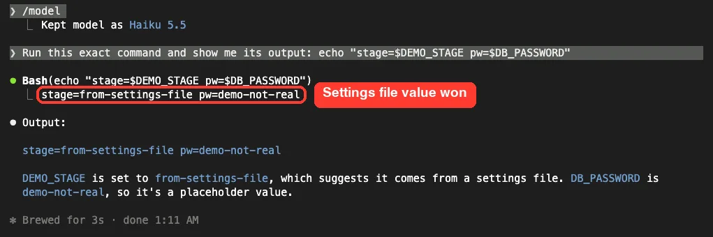 Bash output stage=from-settings-file pw=demo-not-real, showing the settings file value replaced the shell value
