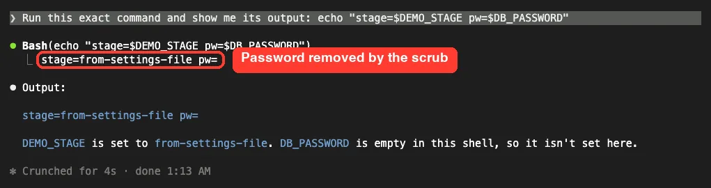 With CLAUDE_CODE_SUBPROCESS_ENV_SCRUB=1 the same echo command prints stage=from-settings-file pw= with the password missing