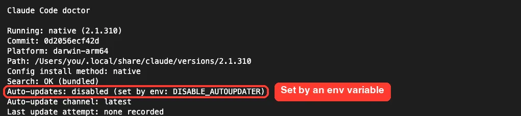 claude doctor output with the line Auto-updates: disabled (set by env: DISABLE_AUTOUPDATER)