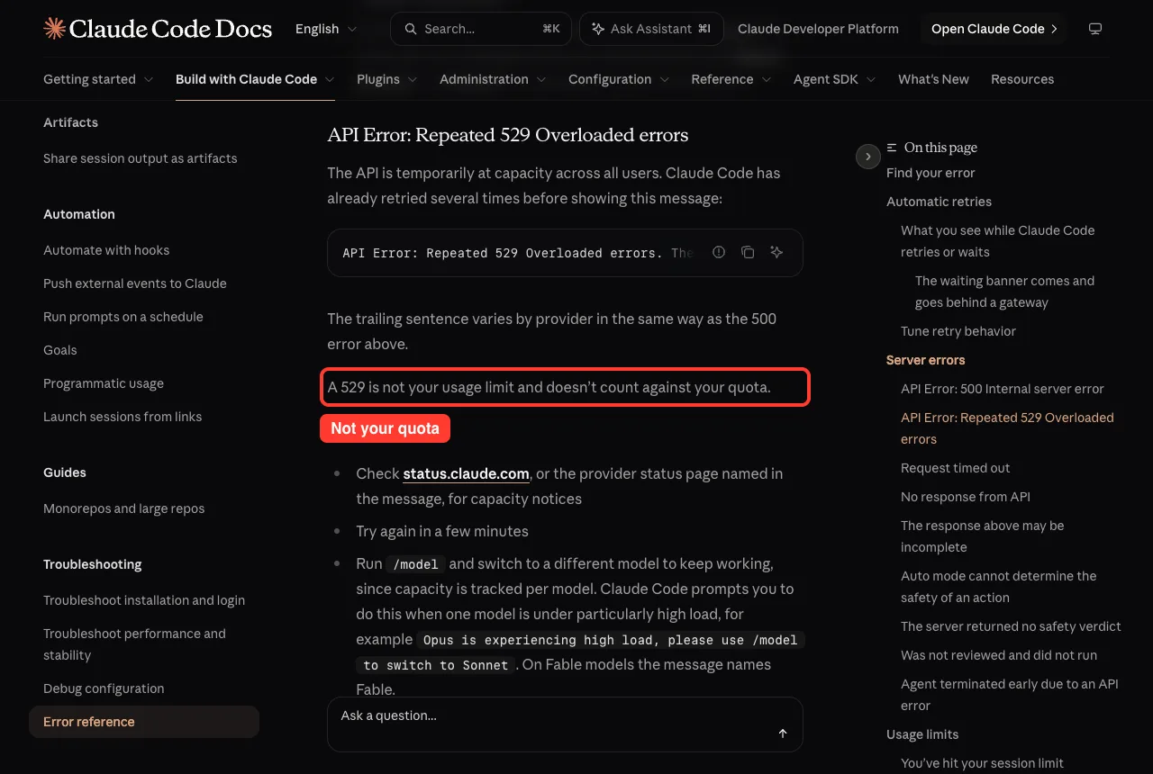 Claude Code docs section for Repeated 529 Overloaded errors with the line saying a 529 is not your usage limit highlighted