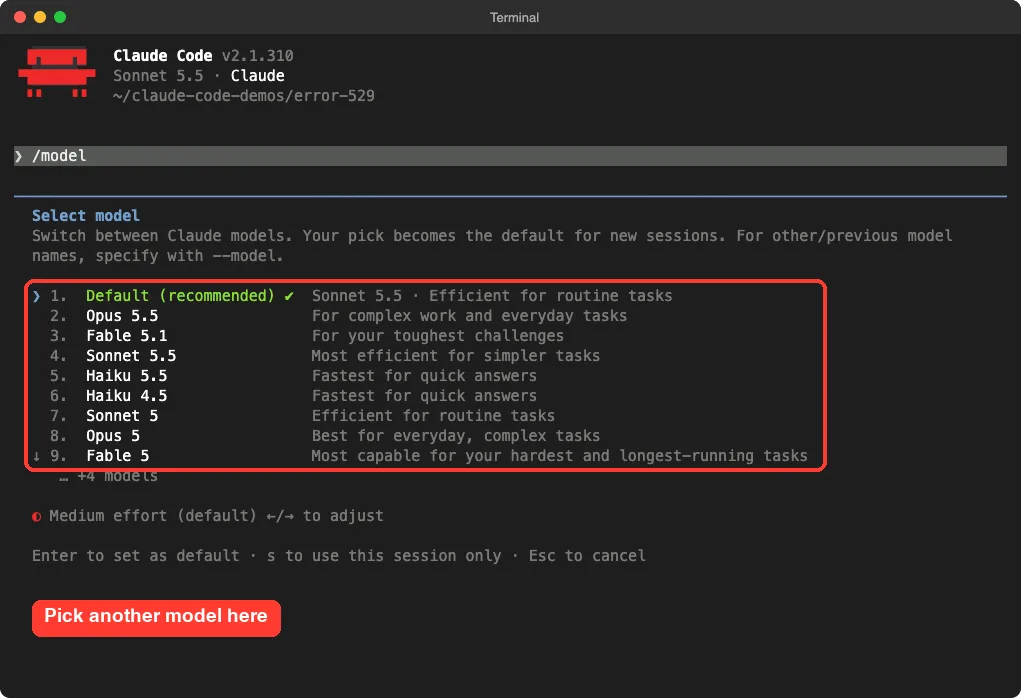 Real Claude Code terminal showing the Select model list with several Claude models and the list highlighted