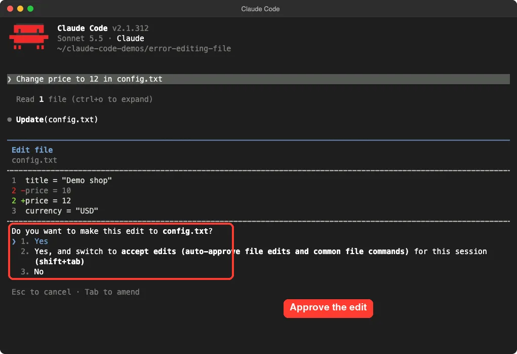Claude Code edit approval screen showing price changed from 10 to 12 in config.txt