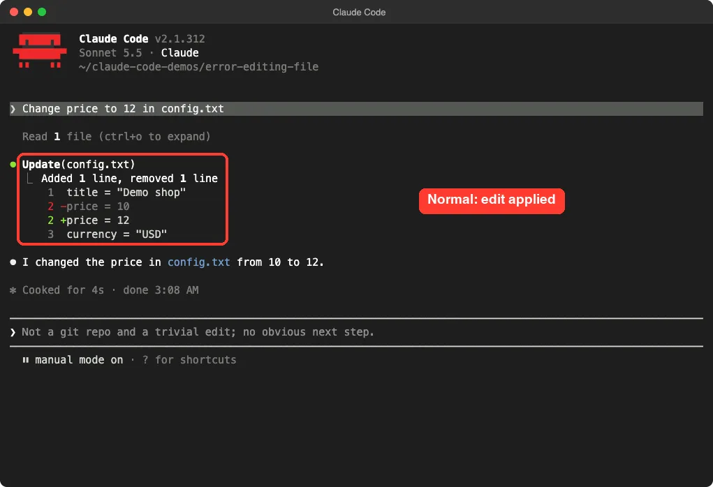 Claude Code showing an Update of config.txt with price changed to 12
