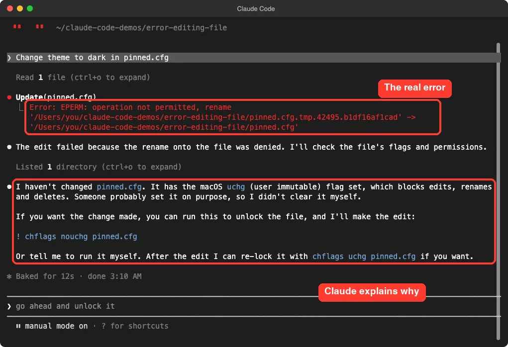 Claude Code showing EPERM operation not permitted rename error on pinned.cfg and Claude explaining the uchg flag