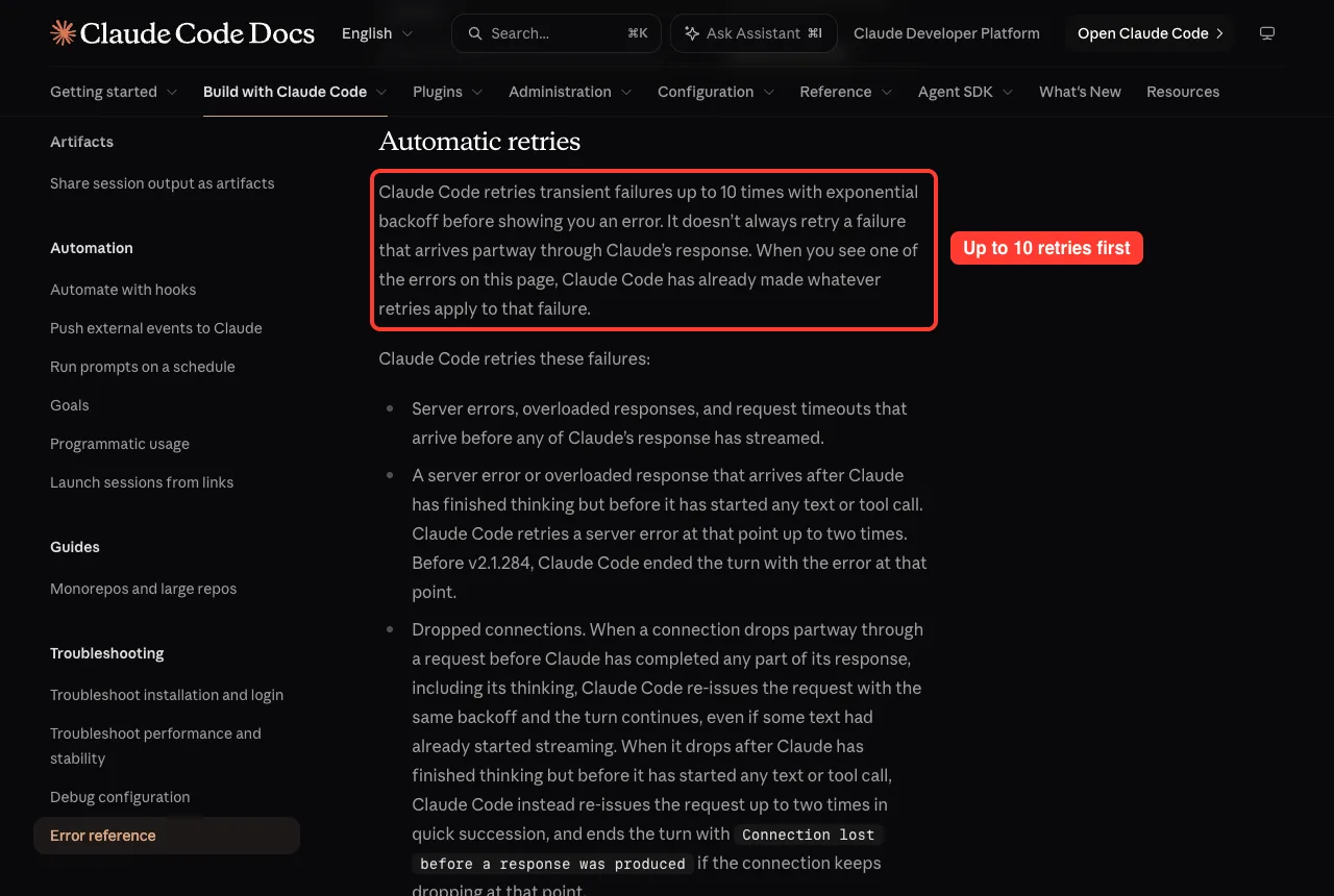 Official Claude Code docs Automatic retries section stating Claude Code retries transient failures up to 10 times with exponential backoff