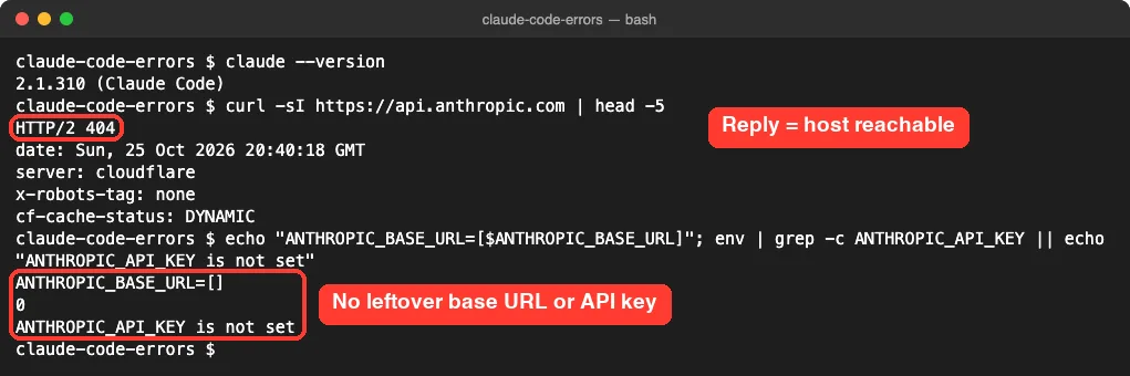 Terminal showing claude --version 2.1.310, curl -sI to api.anthropic.com returning HTTP/2 404, and checks showing no ANTHROPIC_BASE_URL or ANTHROPIC_API_KEY set