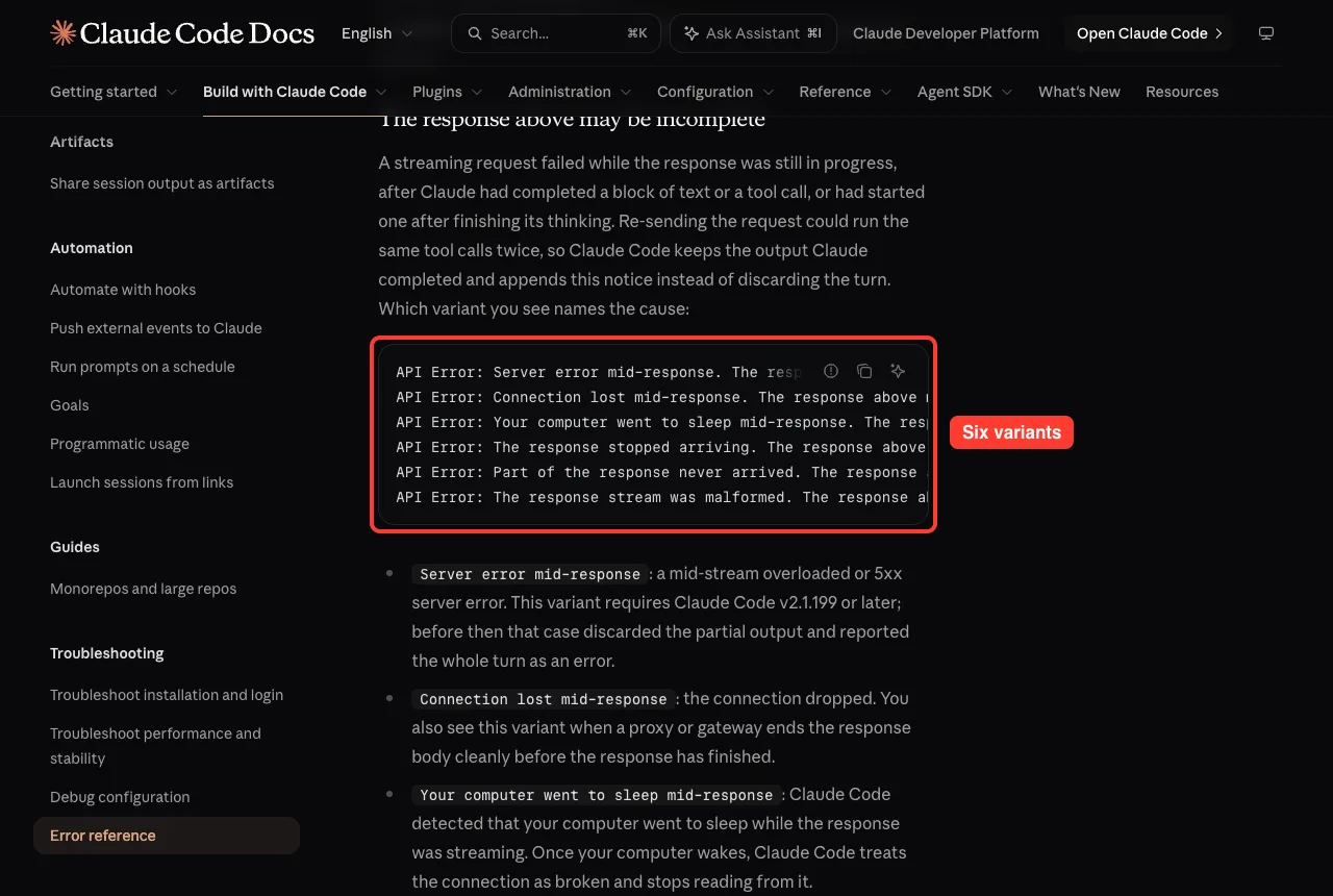 Official docs showing six variants of The response above may be incomplete, such as Server error mid-response and Connection lost mid-response