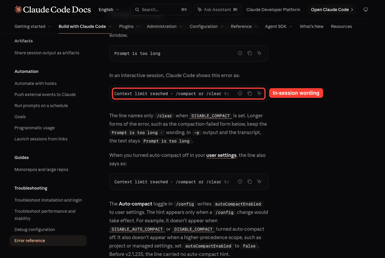 Official docs for Prompt is too long showing the interactive wording Context limit reached, /compact or /clear to continue