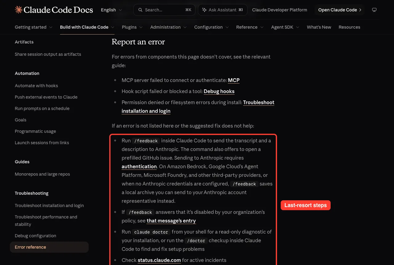 Official docs Report an error section listing /feedback, claude doctor, status.claude.com and searching GitHub issues