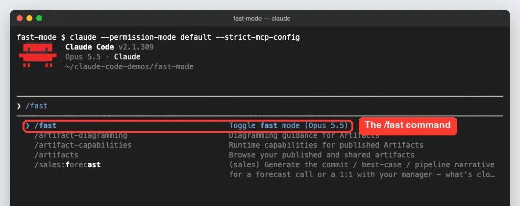 Claude Code autocomplete showing the /fast command with the description Toggle fast mode (Opus 5.5)