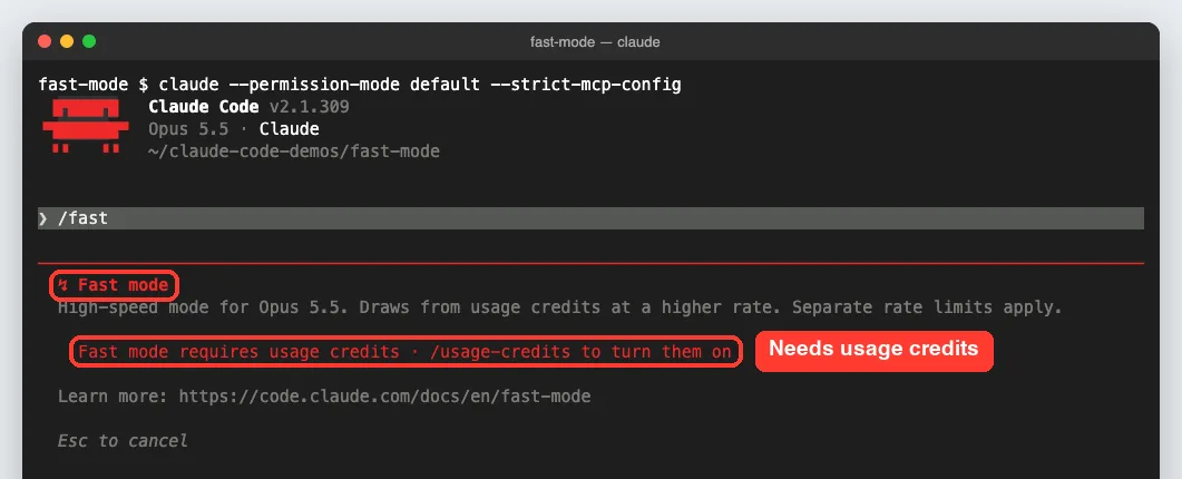 The Claude Code fast mode panel describing high-speed mode for Opus 5.5 and a red message saying fast mode requires usage credits