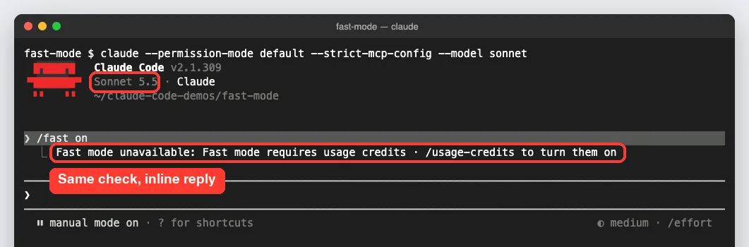 A Claude Code session on Sonnet 5.5 where /fast on replies Fast mode unavailable: Fast mode requires usage credits
