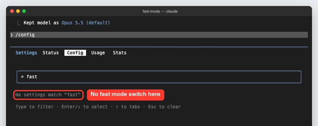 The Claude Code /config settings screen with the search term fast and the message No settings match fast