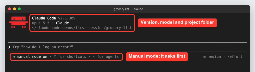 Claude Code start screen showing version 2.1.309, the Opus 5.5 model, the grocery-list project folder and a manual mode on footer