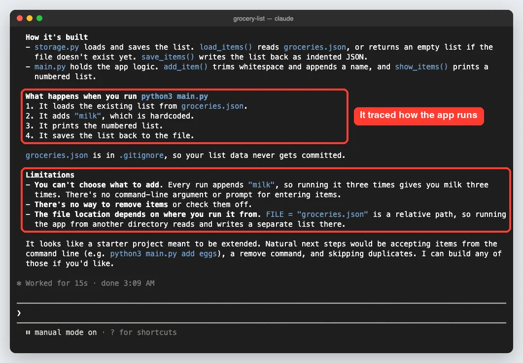 Claude Code answer explaining how the grocery list app is built, what happens when you run python3 main.py, and a list of limitations