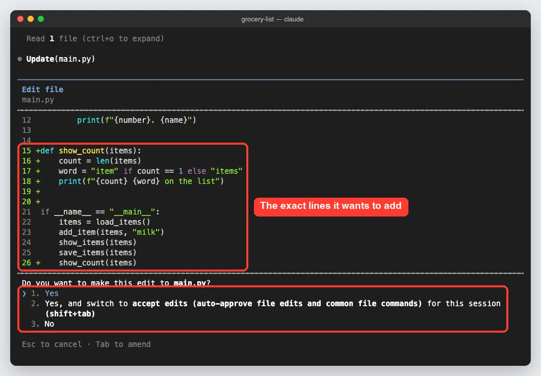 Claude Code edit preview for main.py adding a show_count function, with options Yes, Yes and switch to accept edits, and No