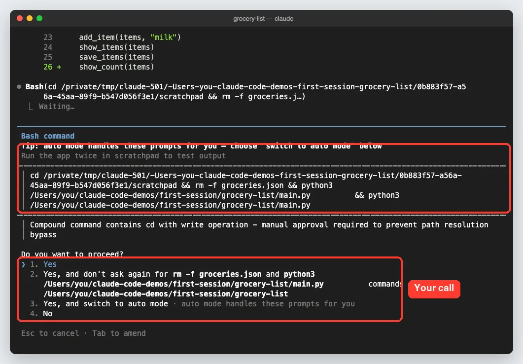 Claude Code Bash command permission prompt showing a test run of python3 main.py in a scratchpad folder with Yes, don't ask again, switch to auto mode and No options