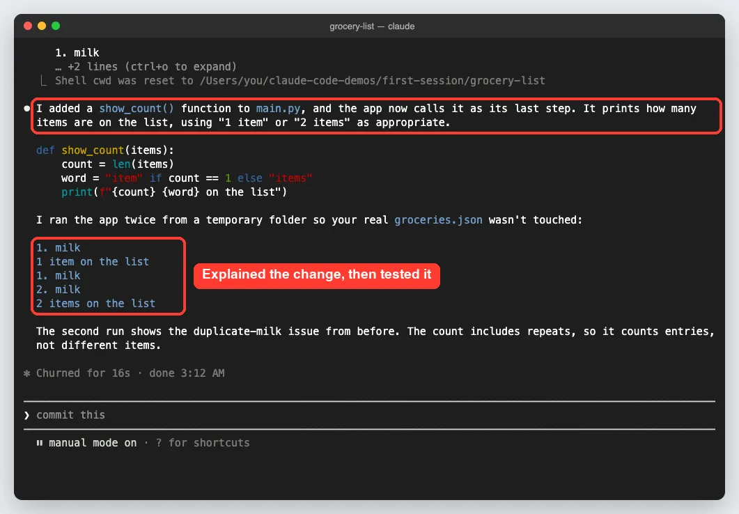 Claude Code summary saying it added a show_count function, with real output from two runs showing 1 item and 2 items on the list
