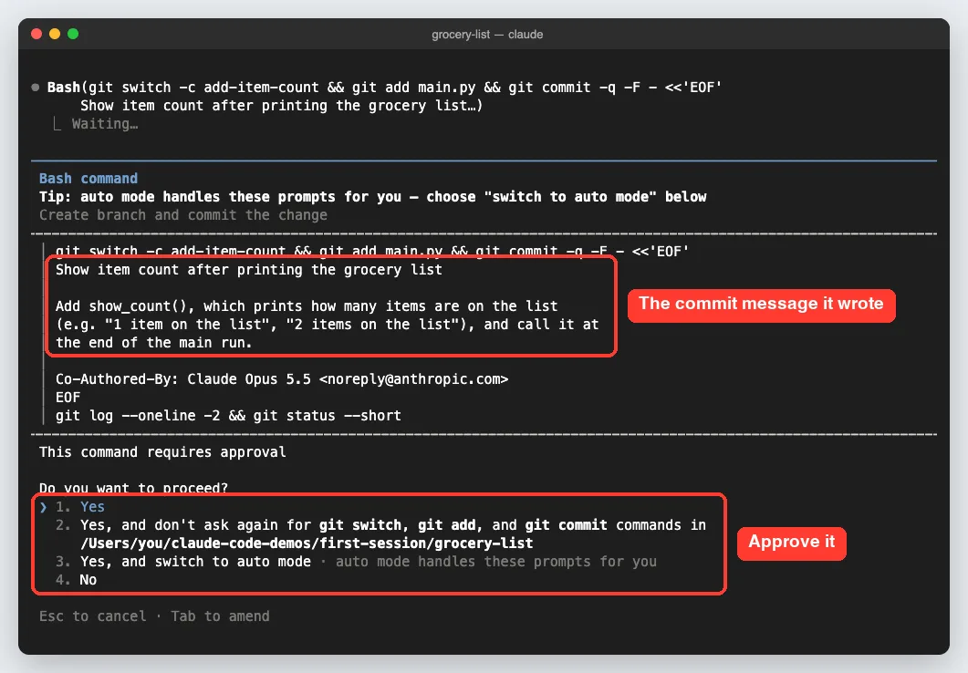 Claude Code permission prompt for a git command that creates a branch and commits with the message Show item count after printing the grocery list