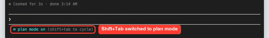 Claude Code footer showing plan mode on with the hint shift+tab to cycle