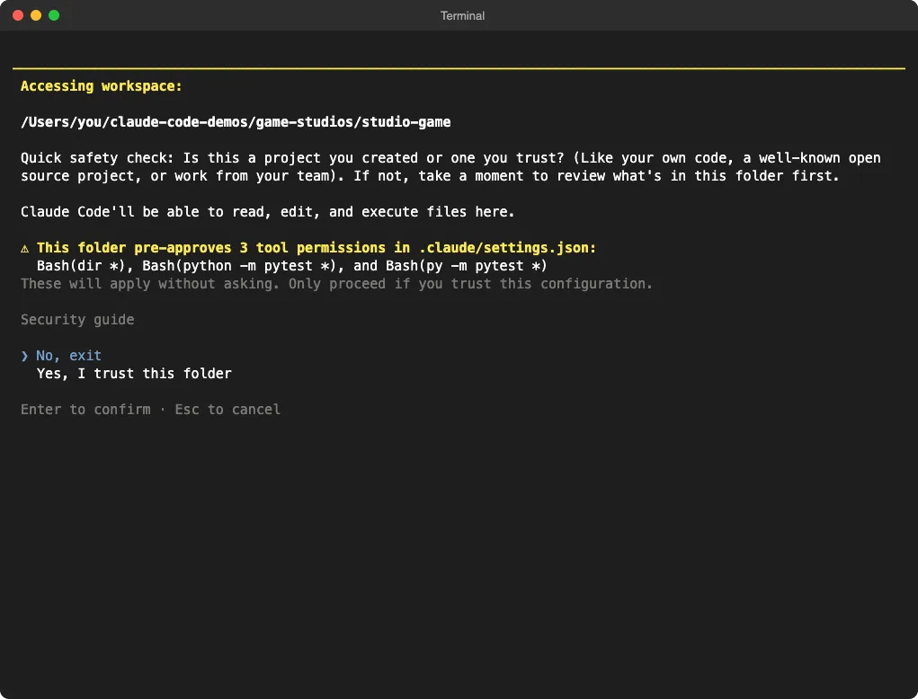 Claude Code folder trust prompt for the Game Studios project listing three pre-approved permissions