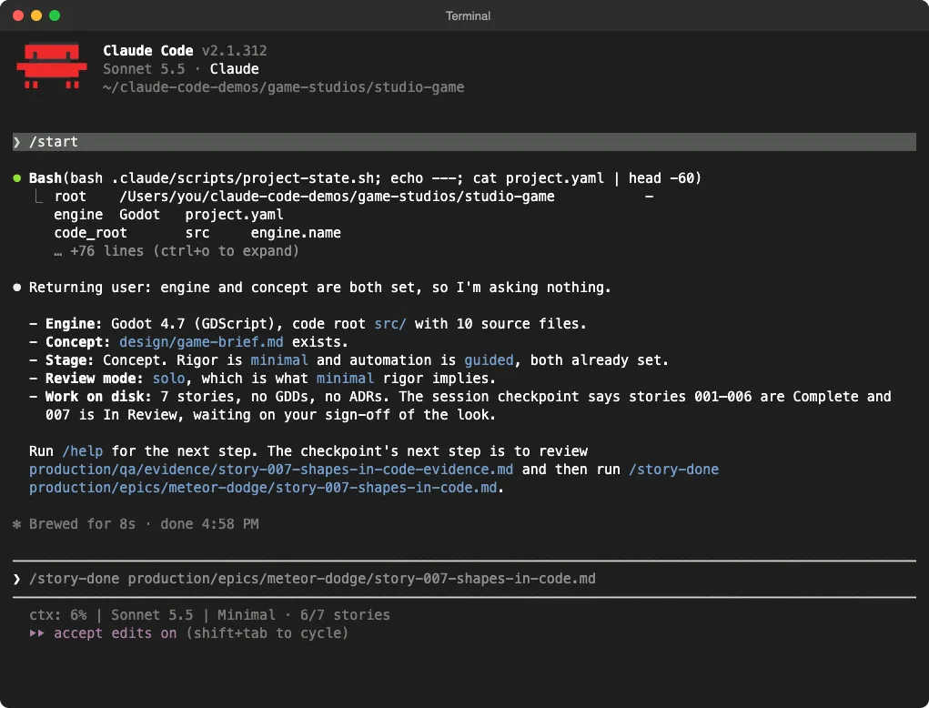 Claude Code Game Studios /start output for a returning user with the status line showing 6 of 7 stories