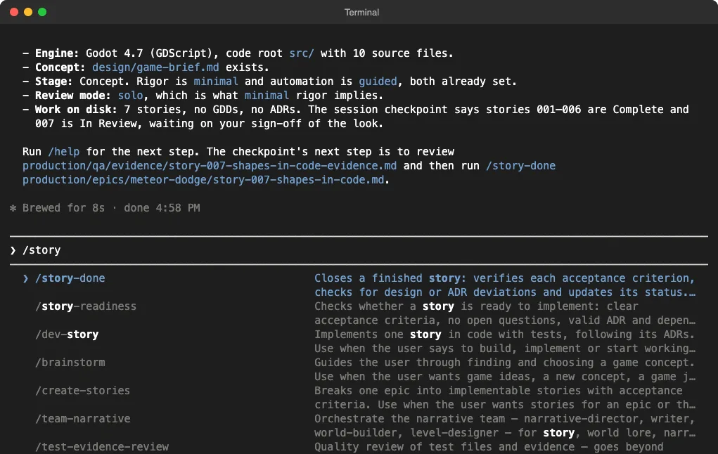 Claude Code skill list filtered by story showing Game Studios skills like story-done and dev-story