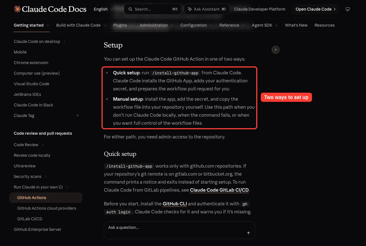 Official docs setup section with the quick setup and manual setup options highlighted