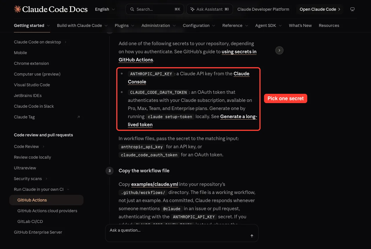 Official docs step for adding an authentication secret with the two secret names highlighted