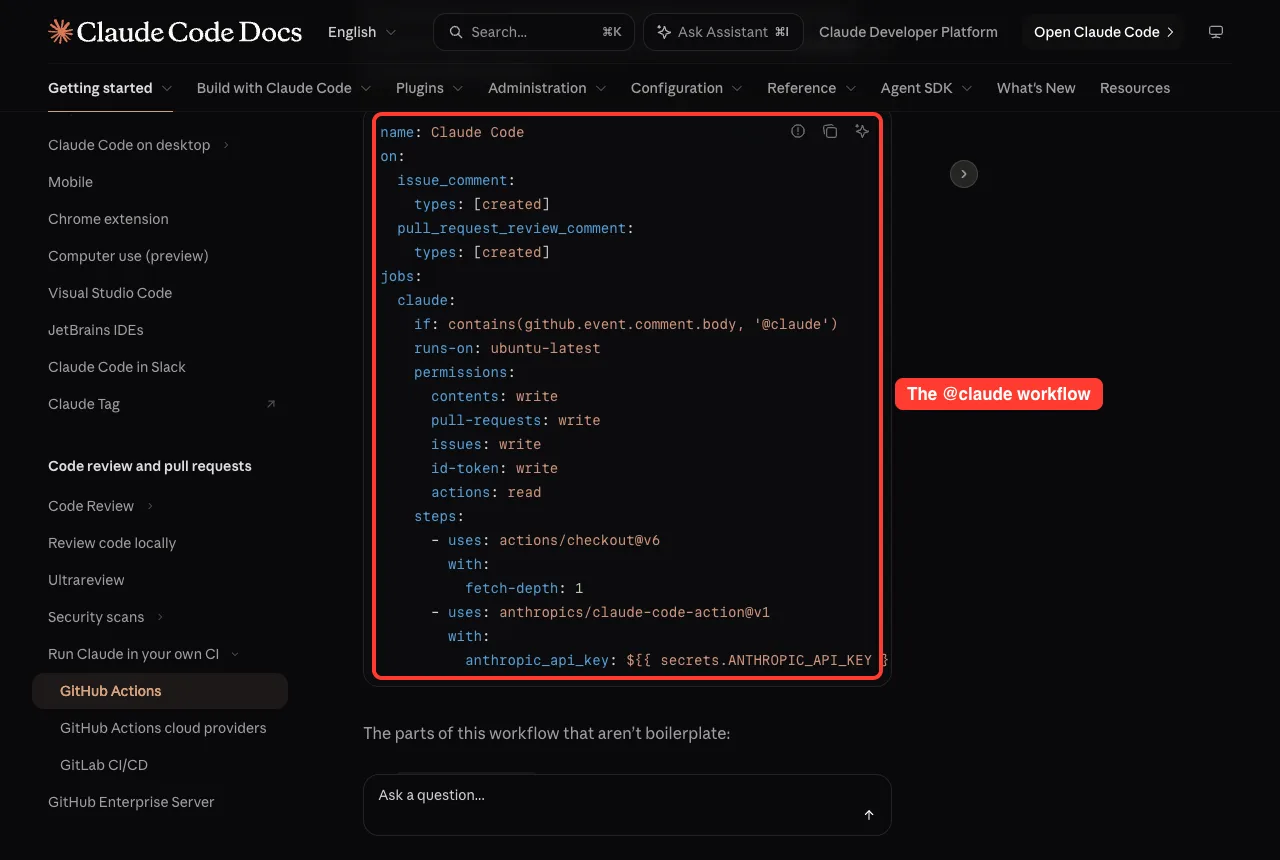 Official docs showing the claude.yml workflow that responds to @claude mentions, highlighted