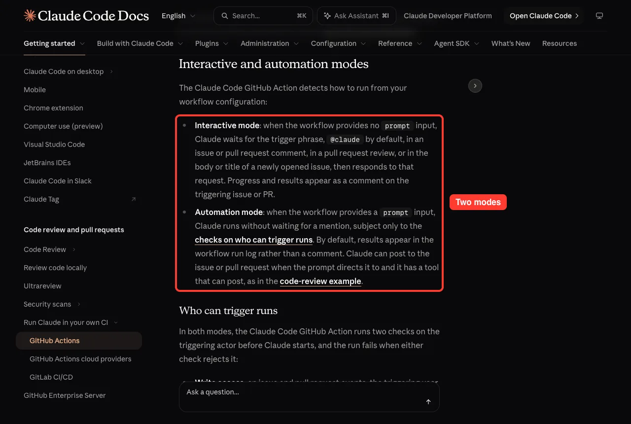 Official docs section on interactive and automation modes with both bullets highlighted