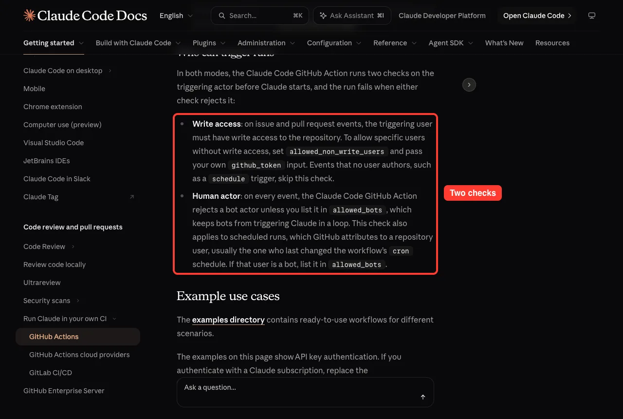 Official docs section on who can trigger runs with the write access and human actor checks highlighted