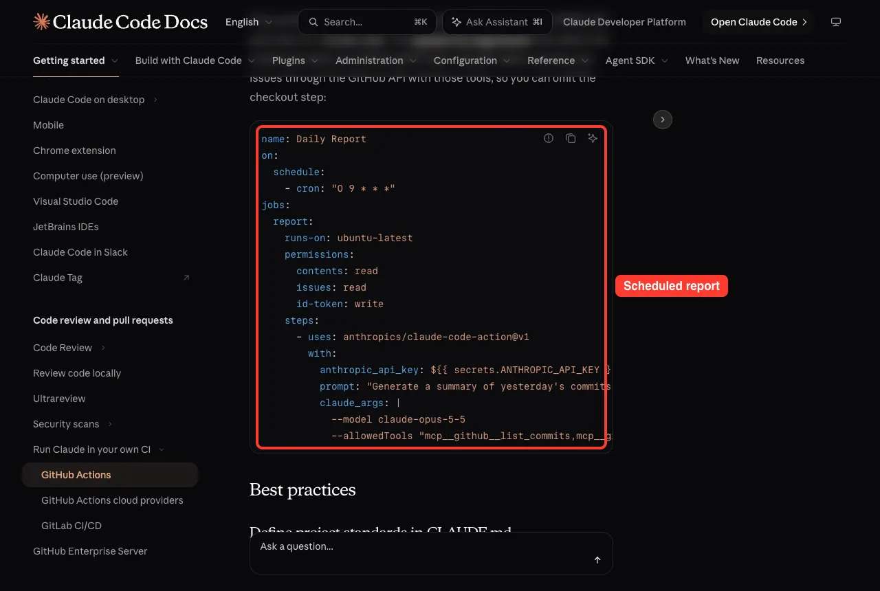 Official docs showing the Daily Report scheduled workflow, highlighted