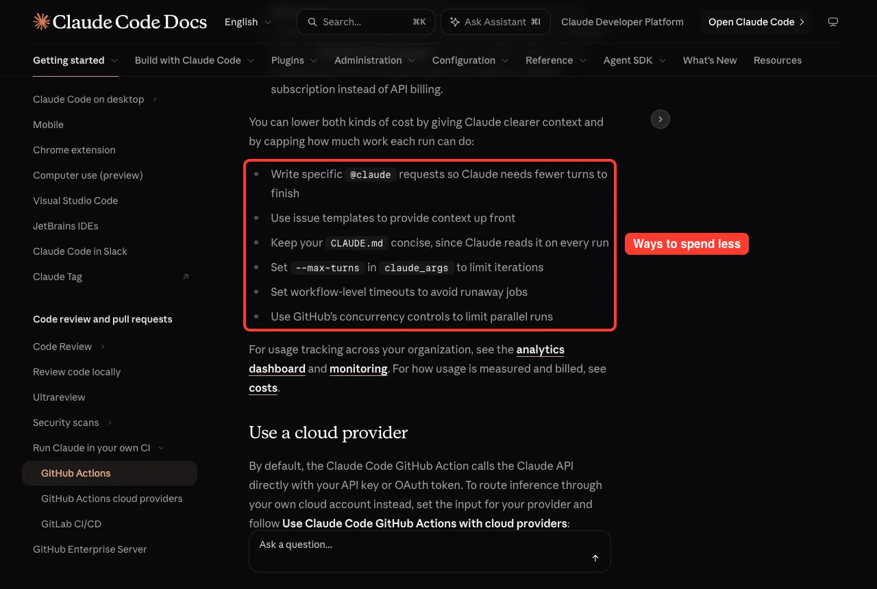 Official docs cost section with the list of ways to lower spending highlighted