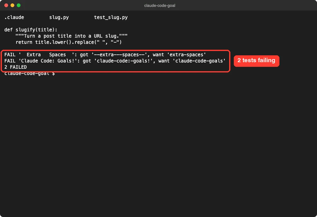 Terminal showing slug.py and a test run where two slug tests fail