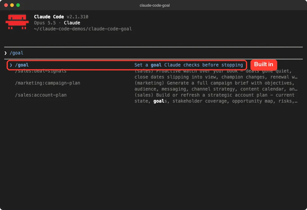 Claude Code command menu with the /goal command and its description highlighted