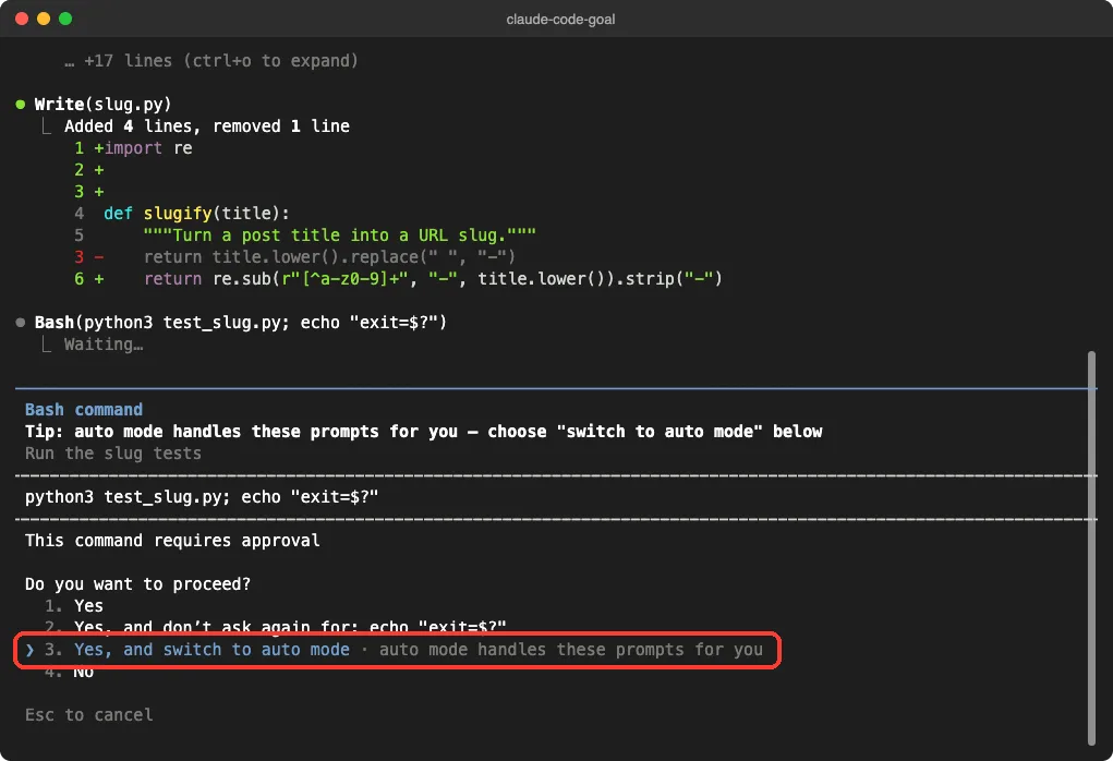 Claude Code asking for approval to run the test command, with the option to switch to auto mode highlighted