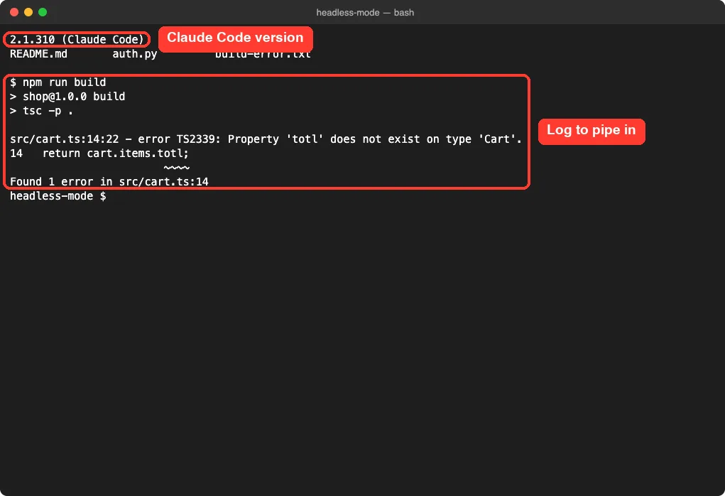 Terminal showing Claude Code version 2.1.310, the demo files and a sample TypeScript build error log