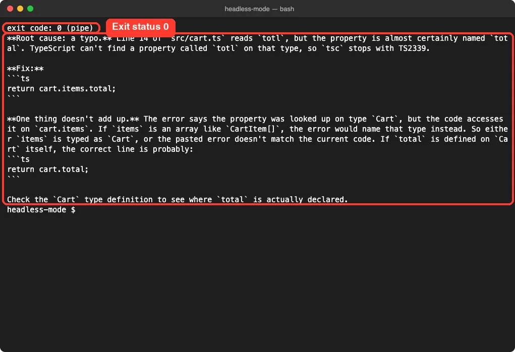 Terminal showing exit code 0 and Claude's explanation of the build error read back from output.txt