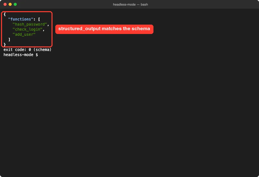 Terminal showing structured_output with a functions array containing hash_password, check_login and add_user