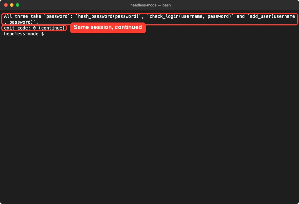 Terminal showing a --continue follow-up answer listing hash_password, check_login and add_user as taking a password