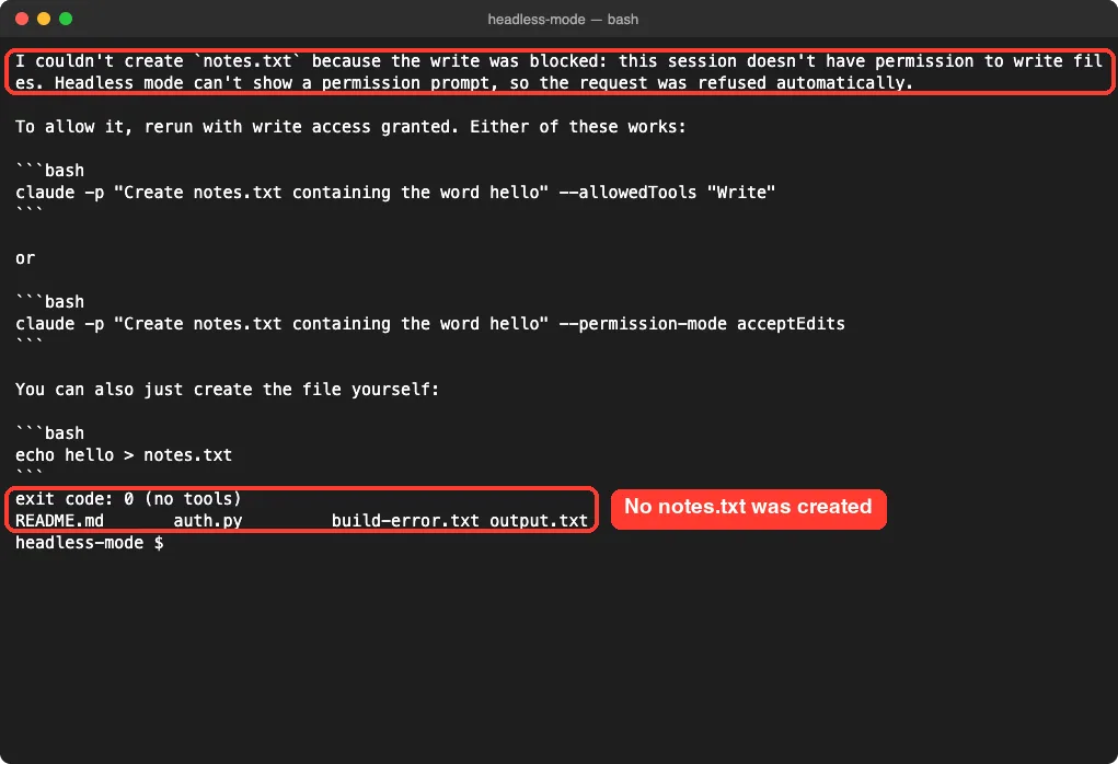 Terminal showing Claude explaining the write was blocked in headless mode and ls output without notes.txt